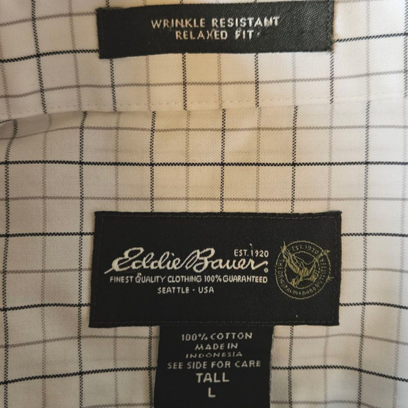 Eddie Bauer Plaid Button Down Wrinkle Free Relaxed Shirt White Men's Large Tall - Picture 4 of 7